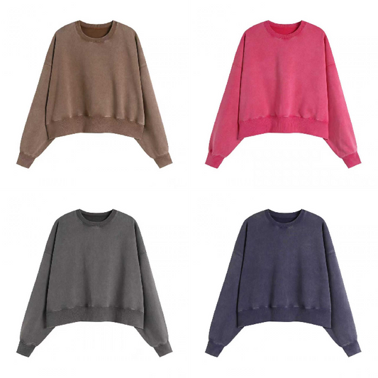 400GSM Women Washed Drop shoulder Cropped Crewneck