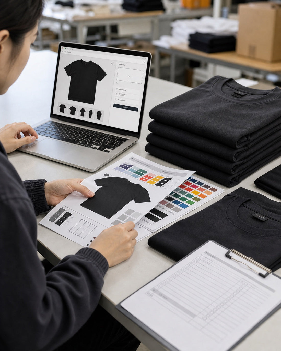 Apparel production coordinator reviewing black T-shirt artwork, color references, and an order worksheet beside folded blanks