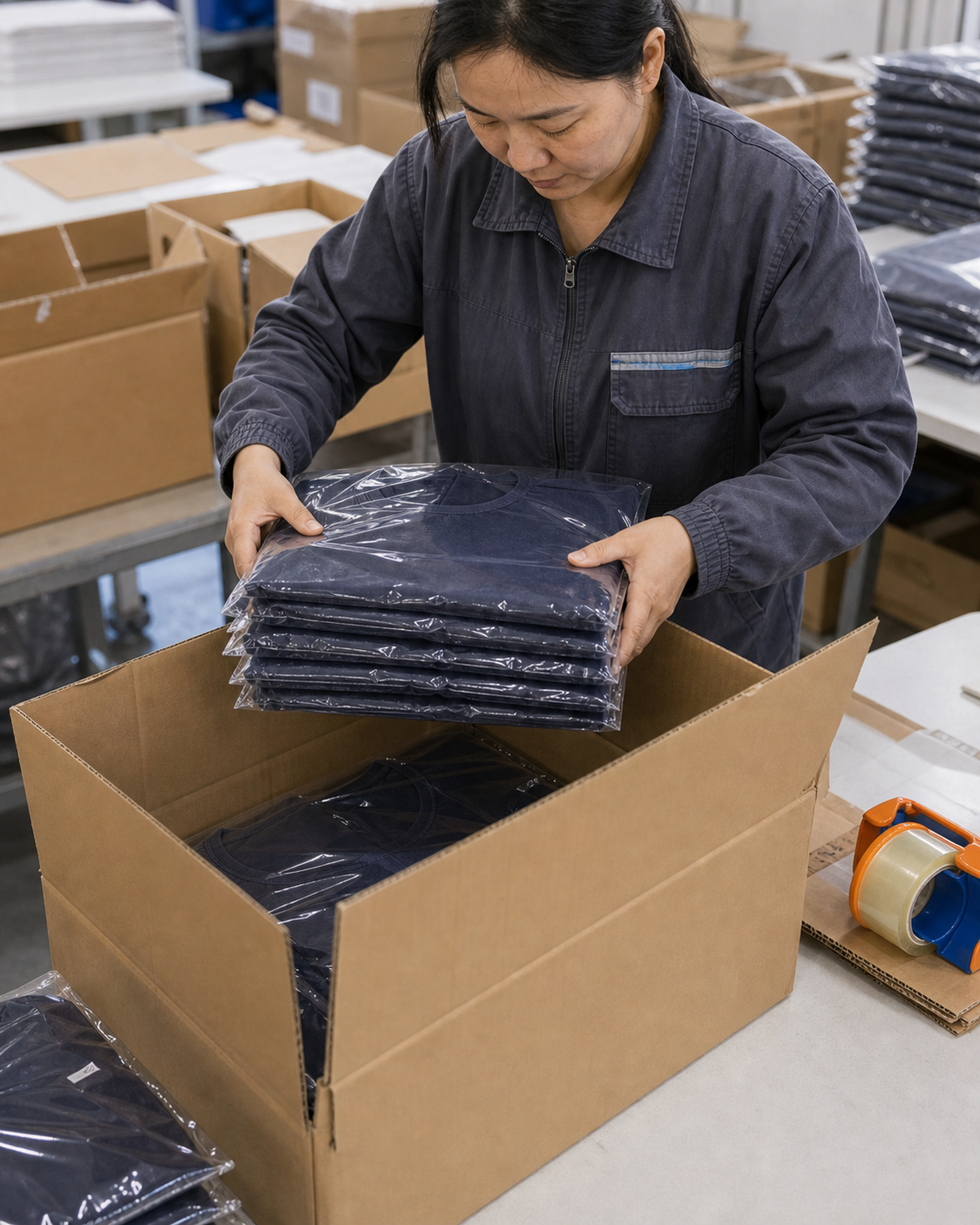 Polybagged cotton T-shirts being loaded into shipping cartons for bulk delivery