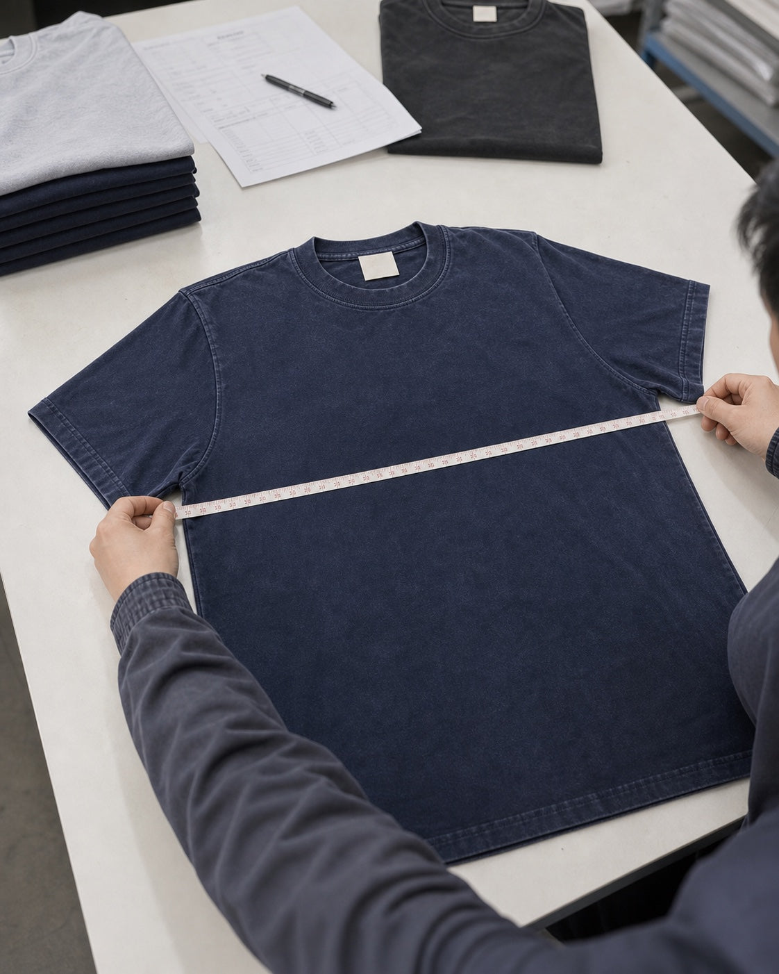 Quality inspector measuring chest width on a cotton T-shirt laid flat on a production table