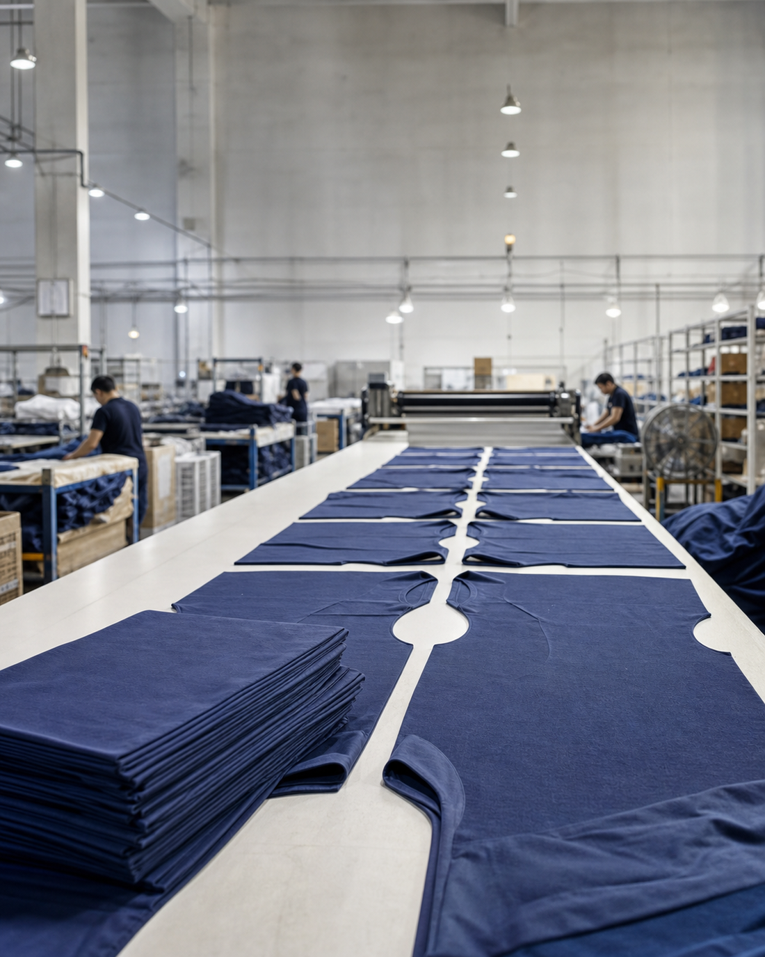 T-shirt factory cutting floor with navy garment panels arranged across a long production table
