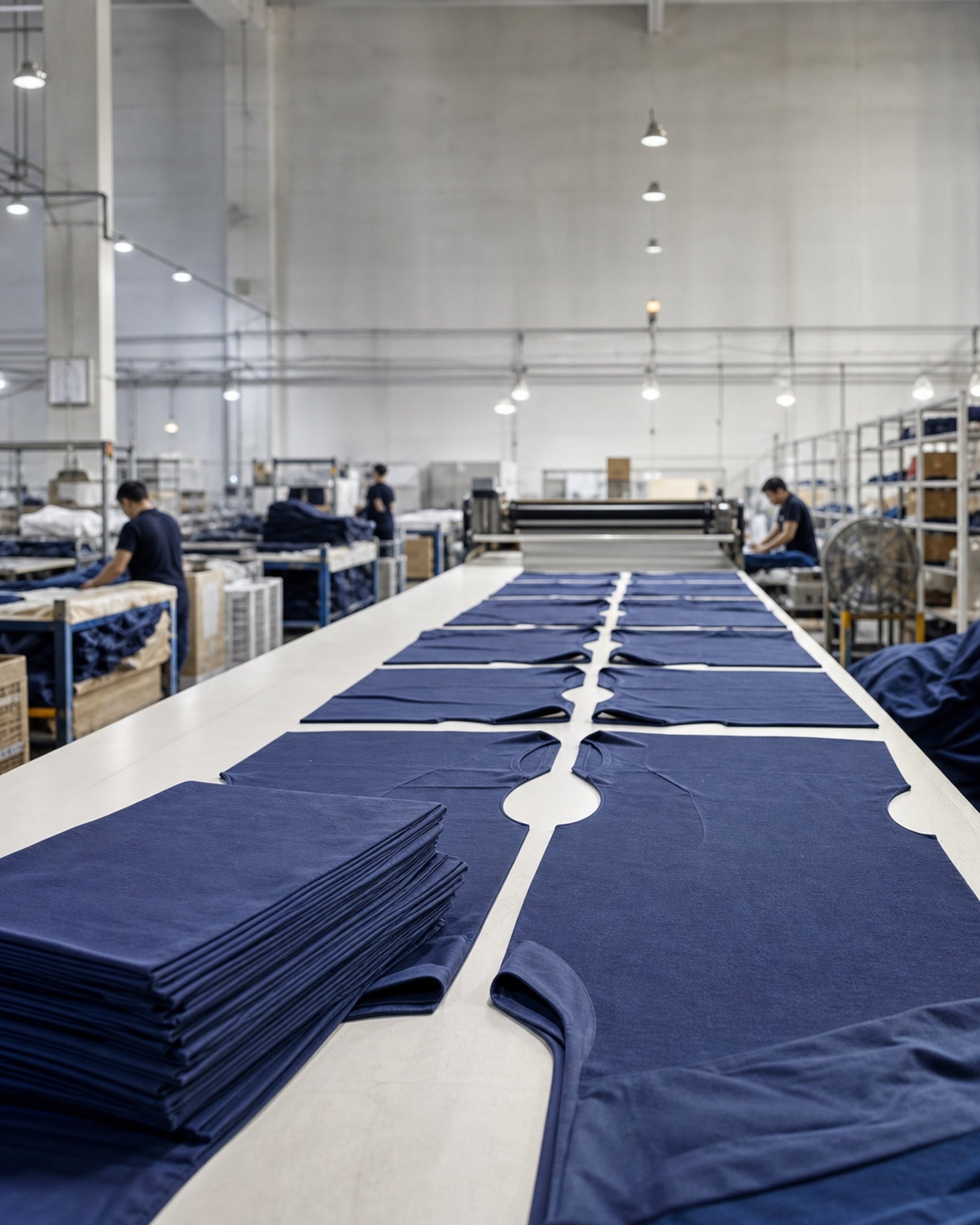 Cut fabric panels arranged across a wide factory cutting table for cotton T-shirt sample production
