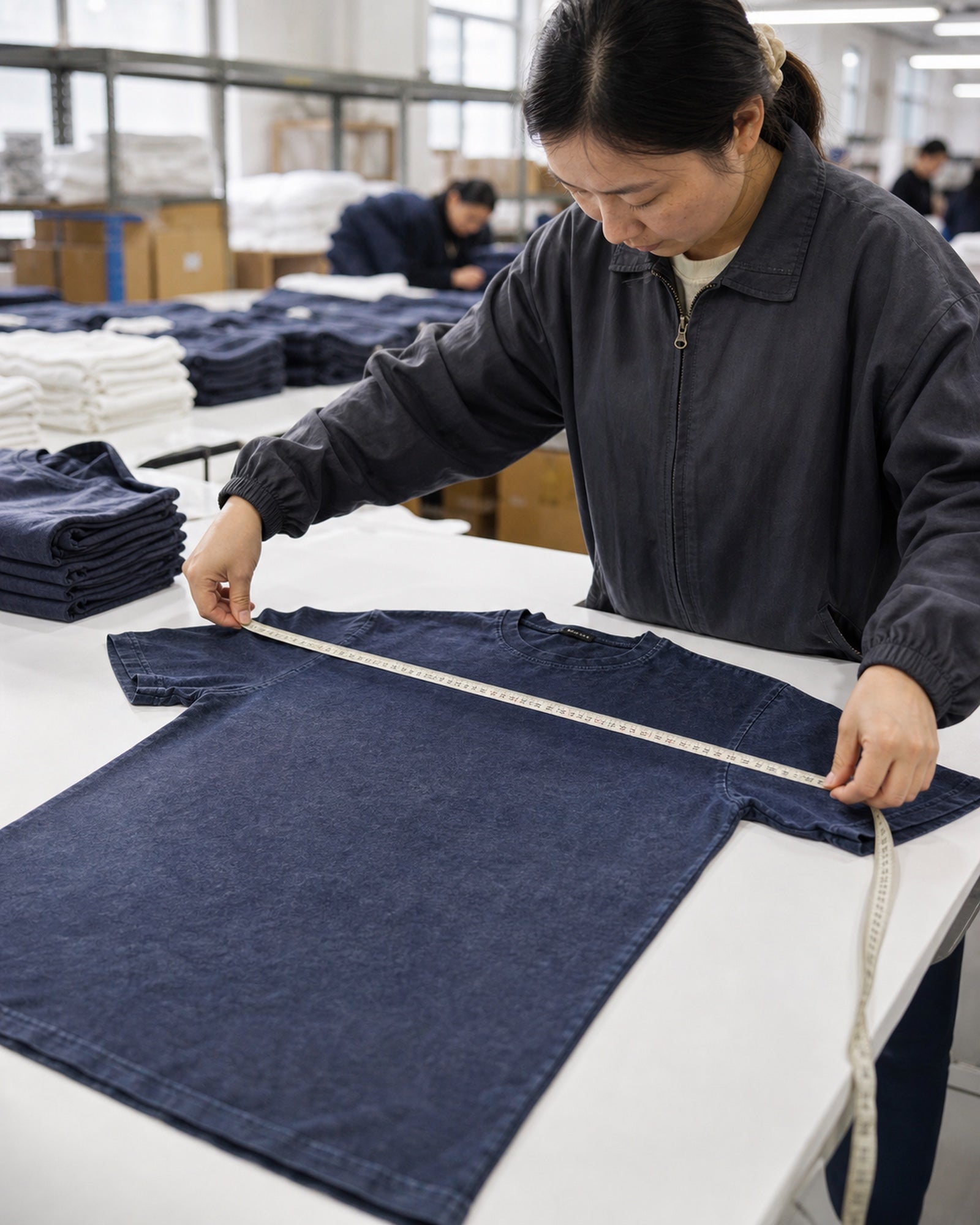 Quality inspector measuring chest width on a cotton T-shirt laid flat on a production table