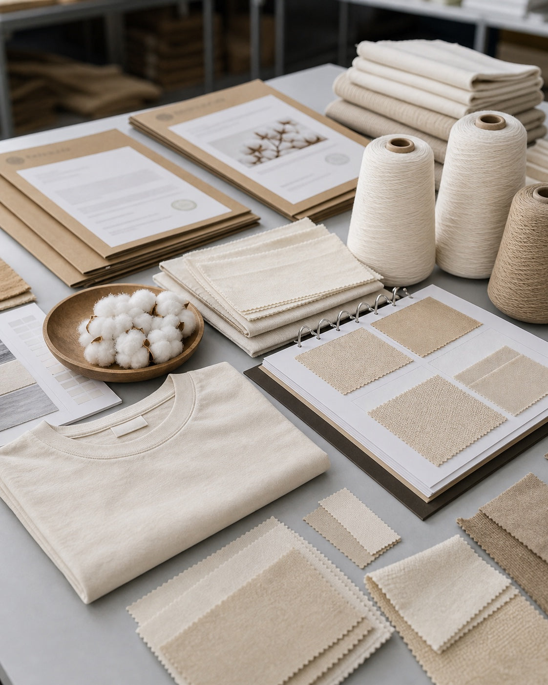 Organic cotton sourcing desk with folded premium blank T-shirt and material swatches