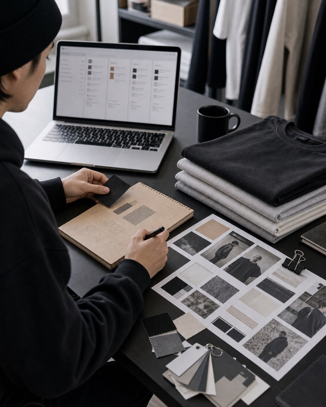 Streetwear brand planning desk with folded blank T-shirts and launch notes