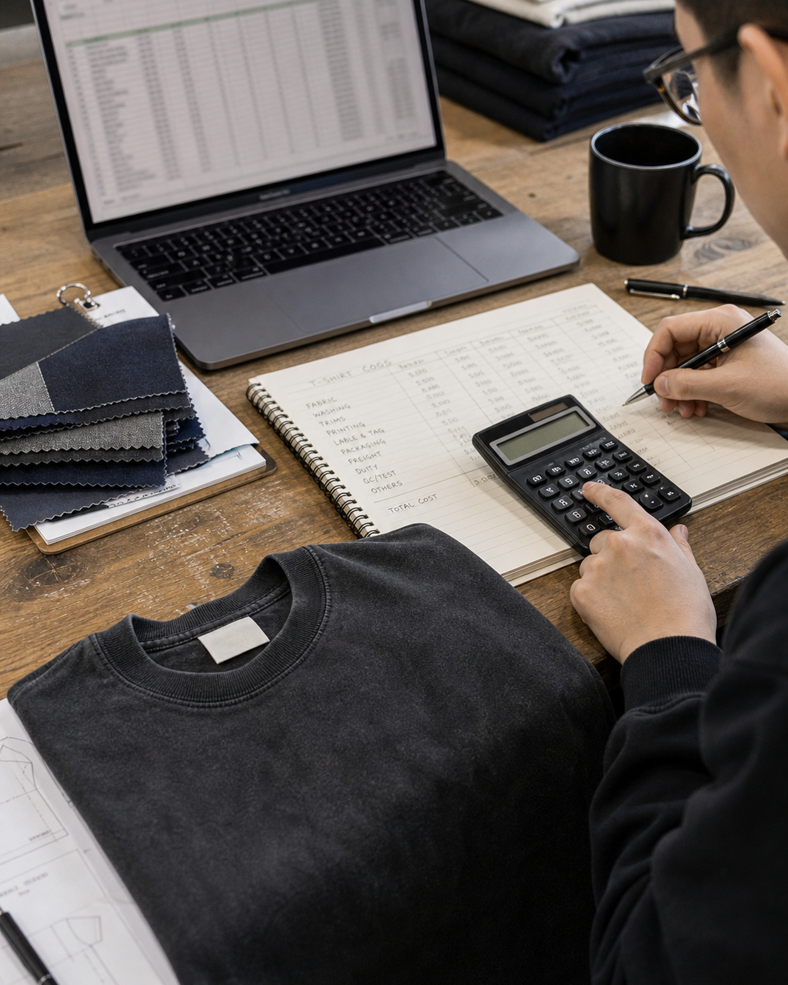 T-shirt costing worksheet with fabric swatches, calculator, and blank samples on a planning desk