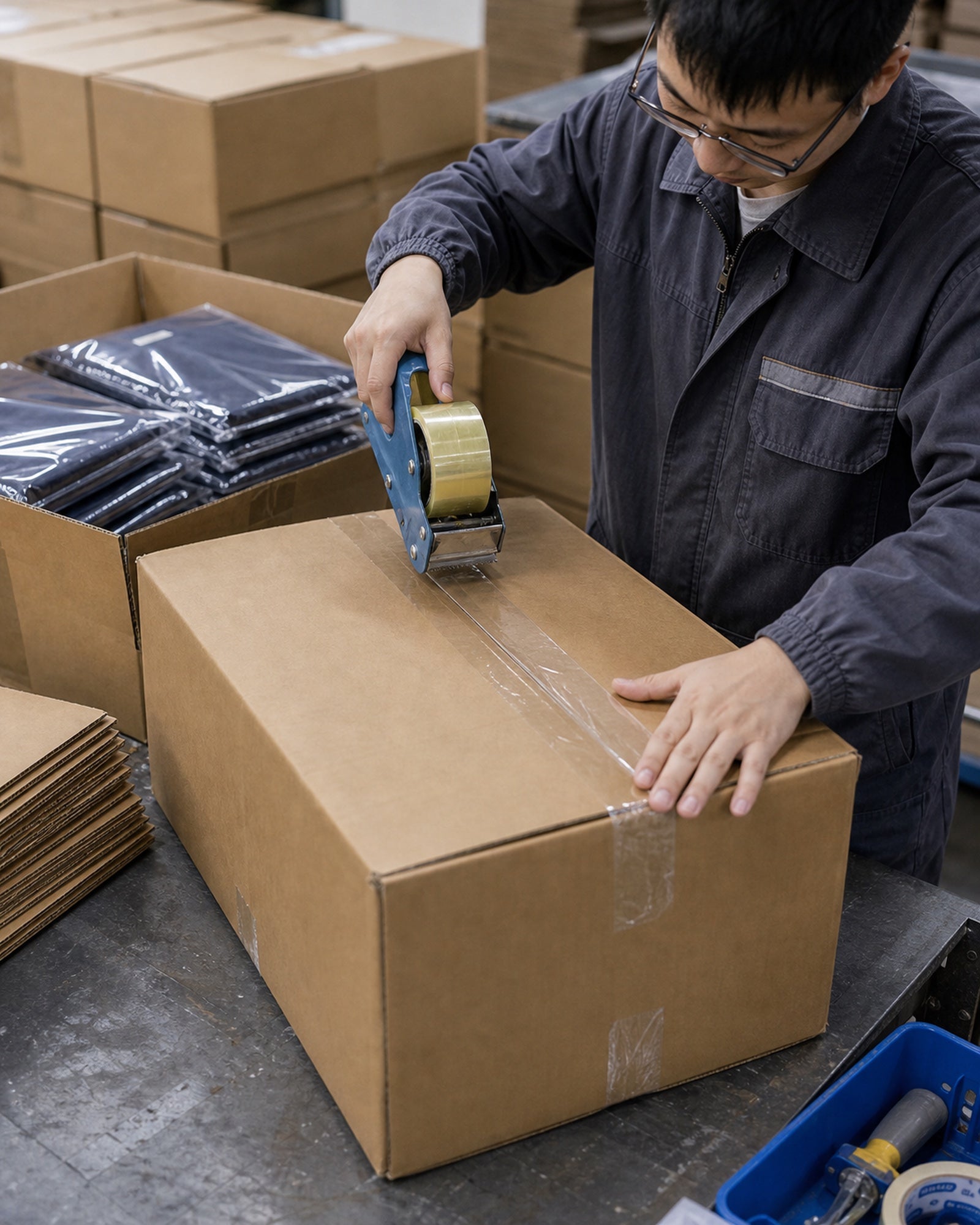 Shipping carton being sealed with tape for a cotton T-shirt order