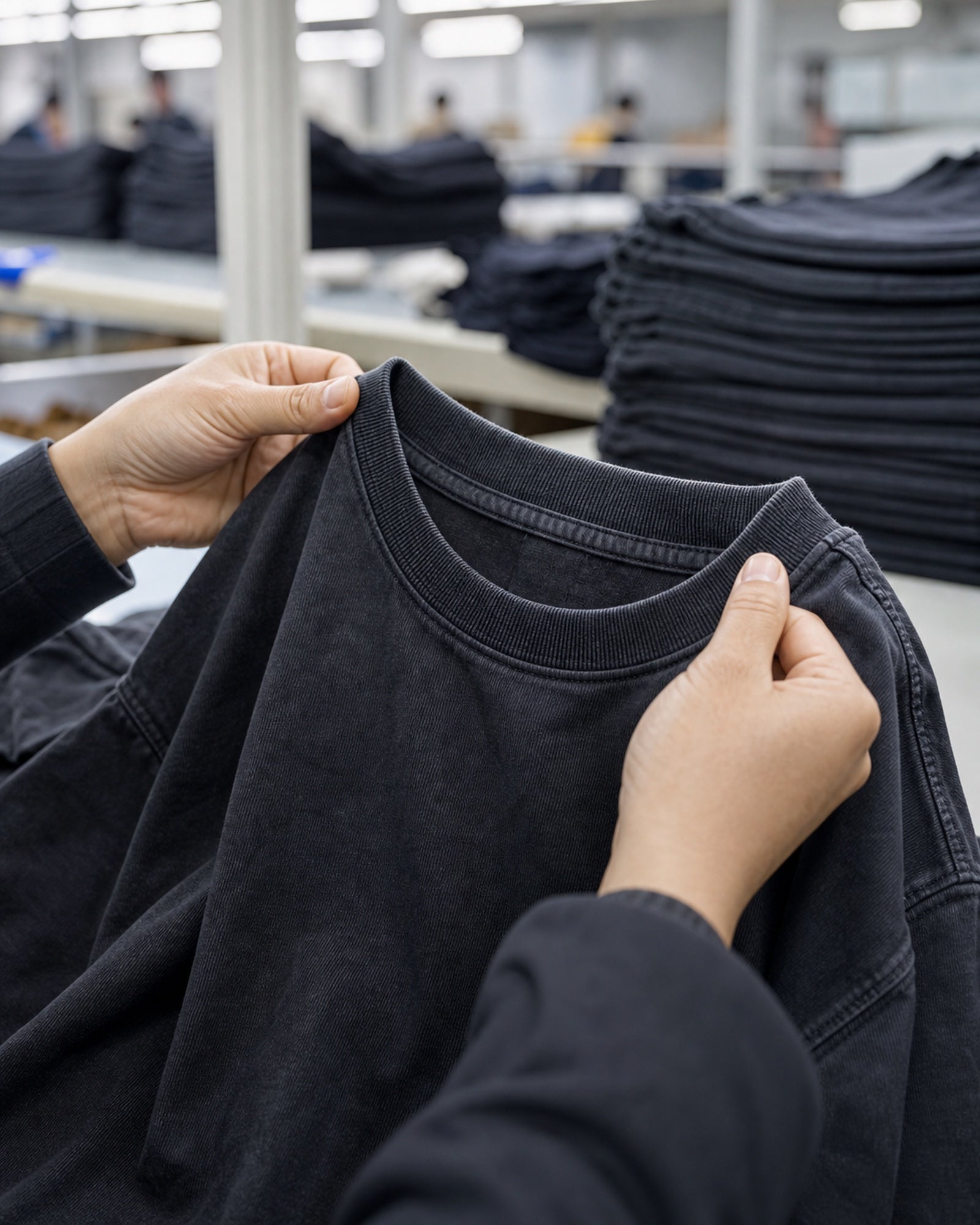 Quality inspector checking collar shape and neckline symmetry on a cotton T-shirt