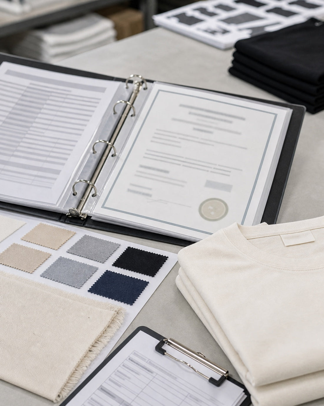 Garment compliance binder with cotton fabric swatches and certificate documents