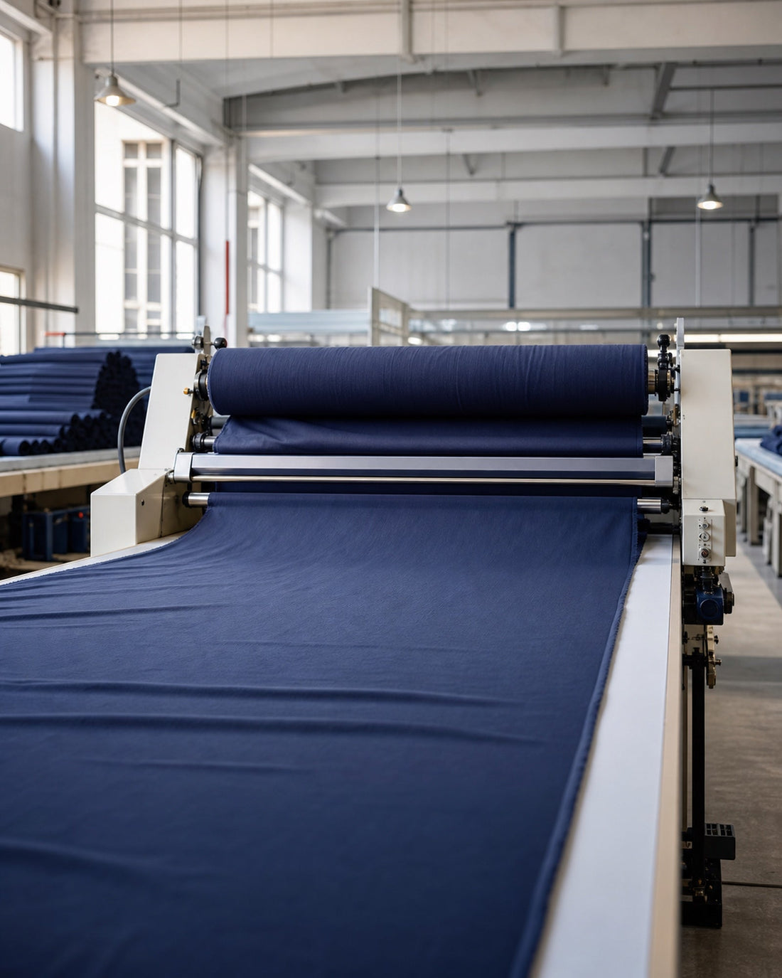 Layers of cotton fabric being spread on a cutting table before garment production begins