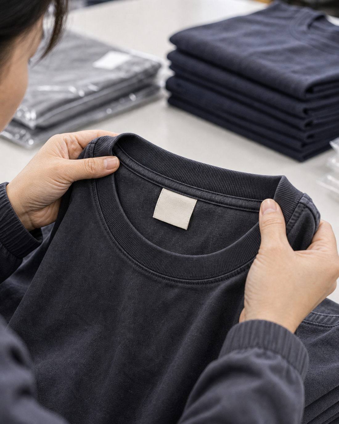 Apparel quality inspector checking the center placement of a black T-shirt neck label