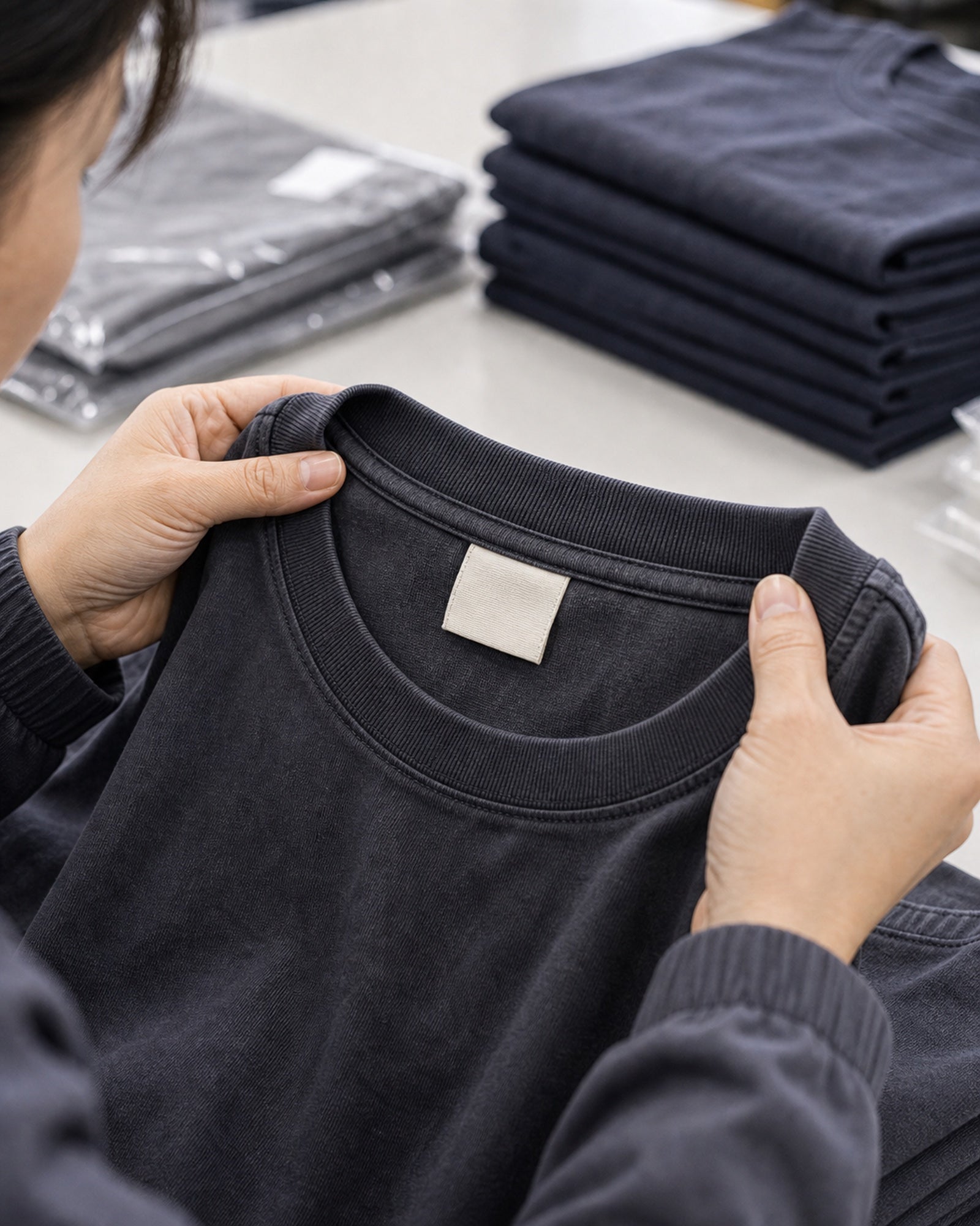 Factory worker checking neck label placement and alignment inside a cotton T-shirt