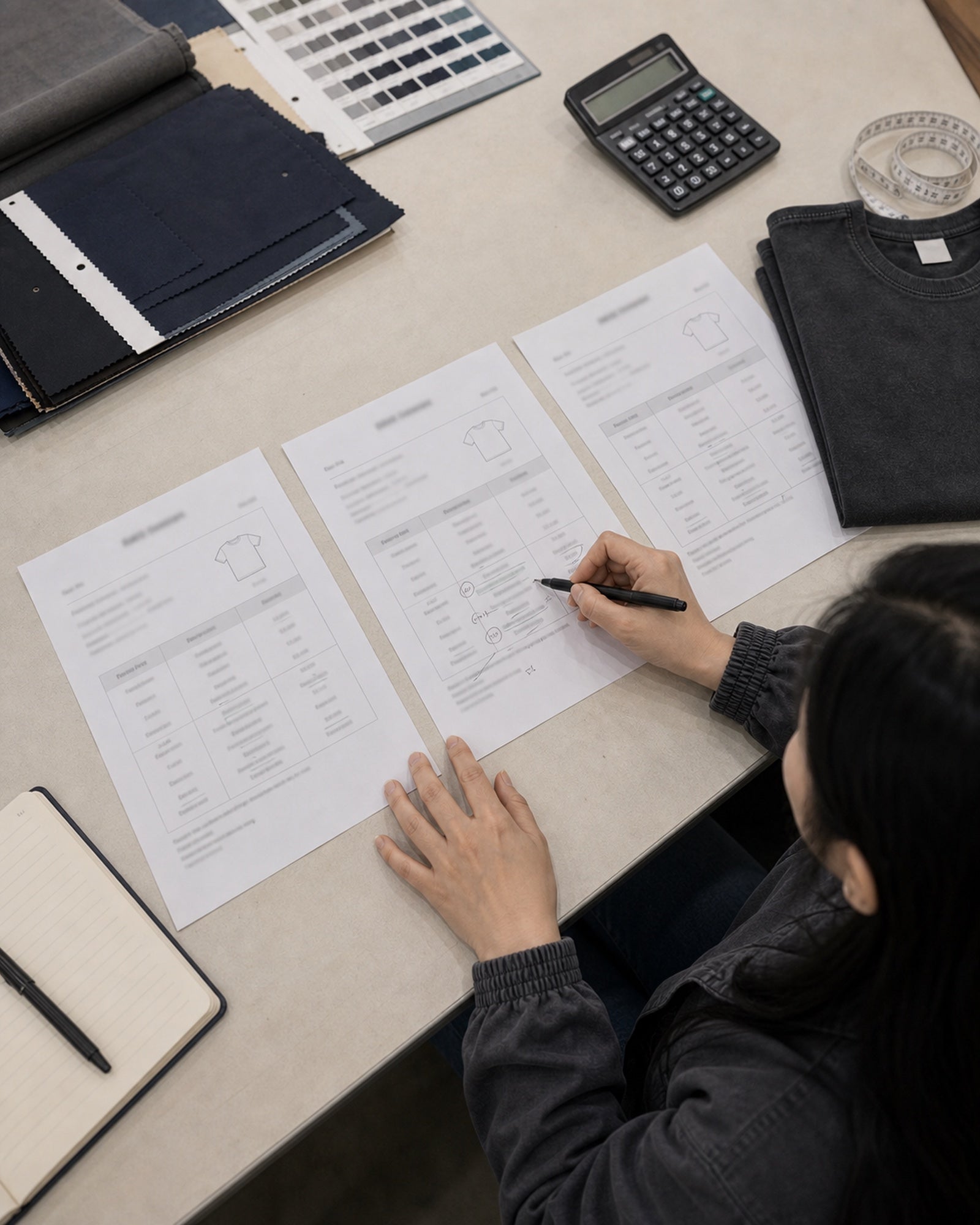 Supplier quote comparison sheets with T-shirt samples and costing notes on a sourcing desk