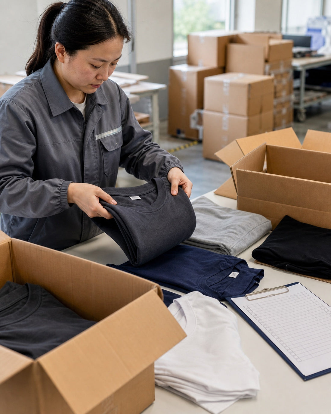 AQL random sampling table with cotton T-shirts selected for factory quality inspection