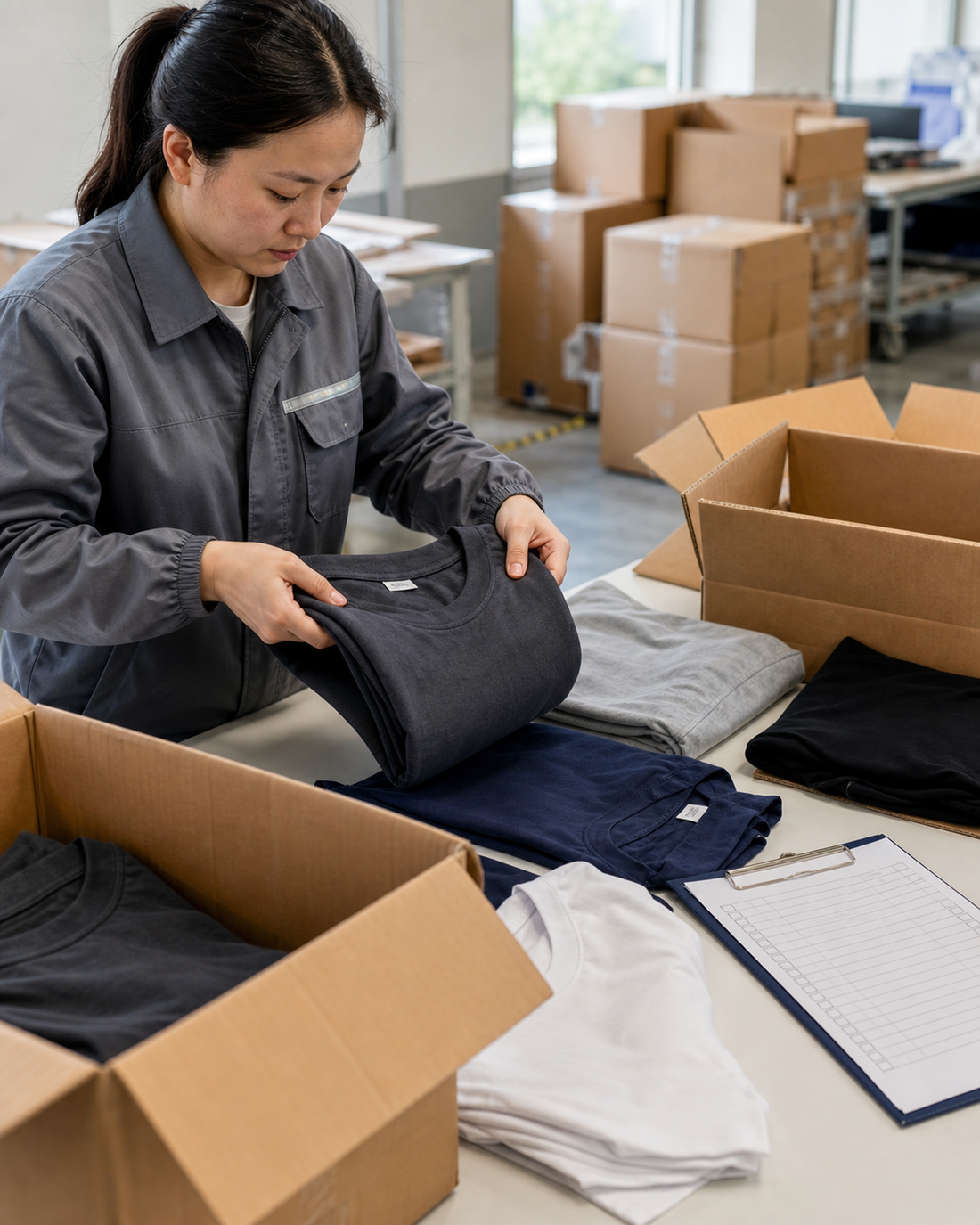 Apparel inspector randomly selecting folded T-shirts from shipping cartons for a third-party quality check