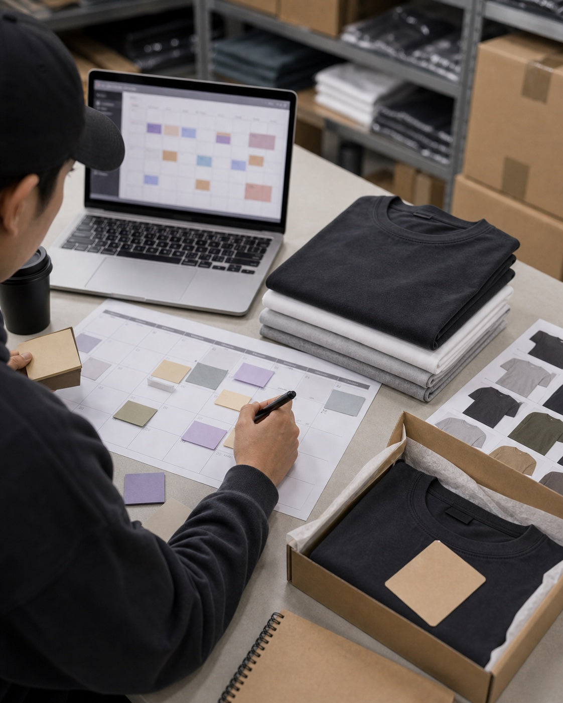 Apparel planner marking a launch calendar beside folded black, white, and gray T-shirts and packed boxes