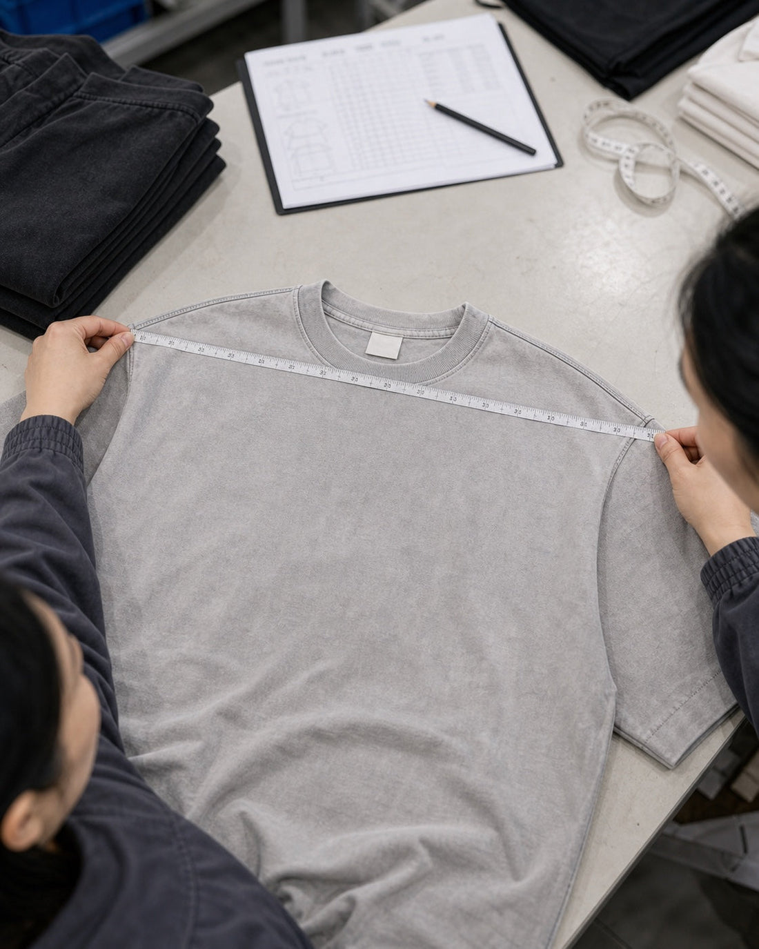 Apparel technician measuring a flat gray vintage-washed T-shirt before side-torque testing