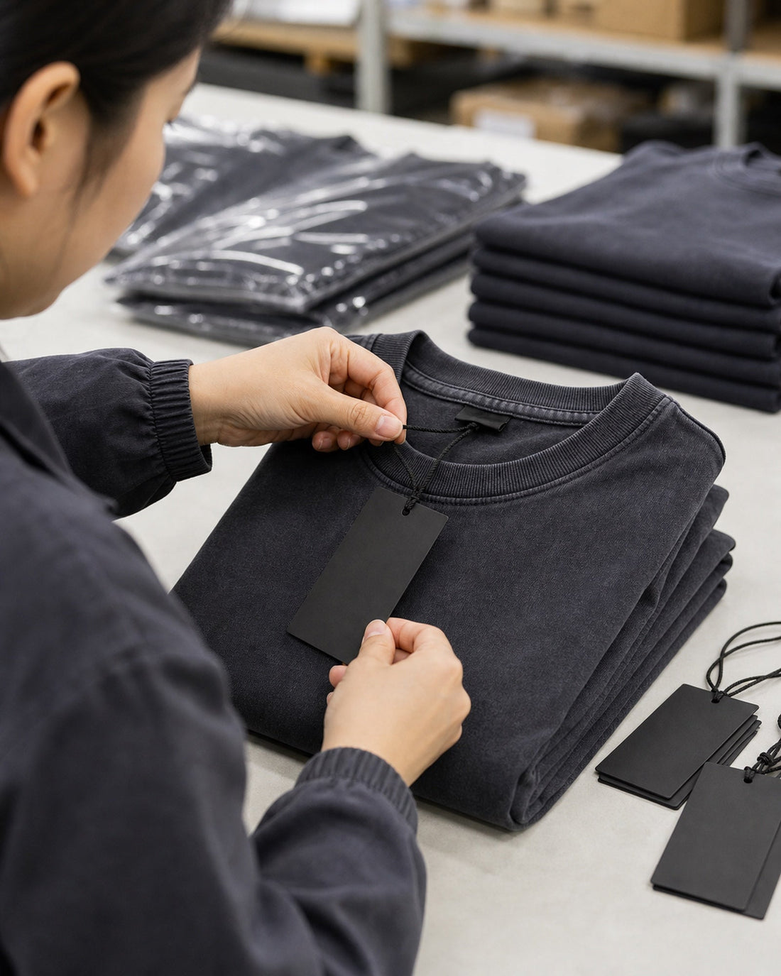 Hangtag being attached to a cotton T-shirt as part of brand packaging preparation