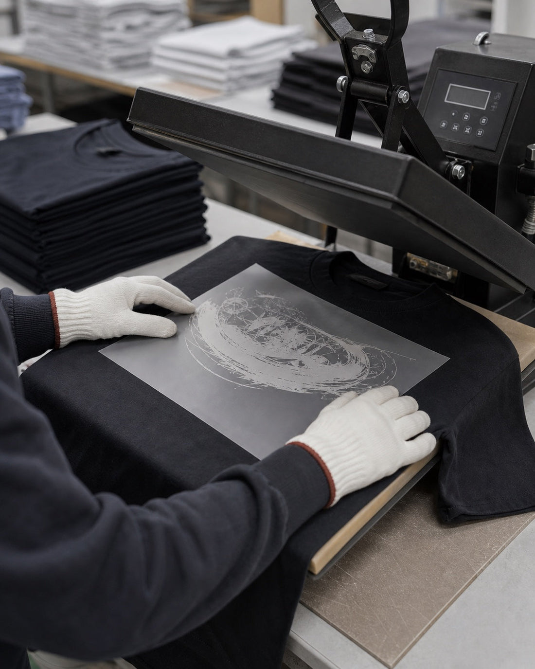 DTF transfer film being applied to a blank cotton T-shirt using a heat press