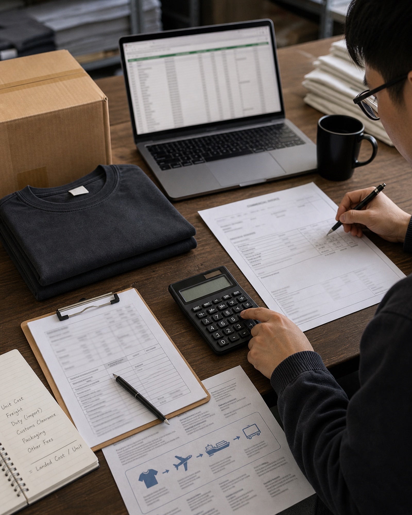 Landed cost planning worksheet with freight, duty, and T-shirt costing notes