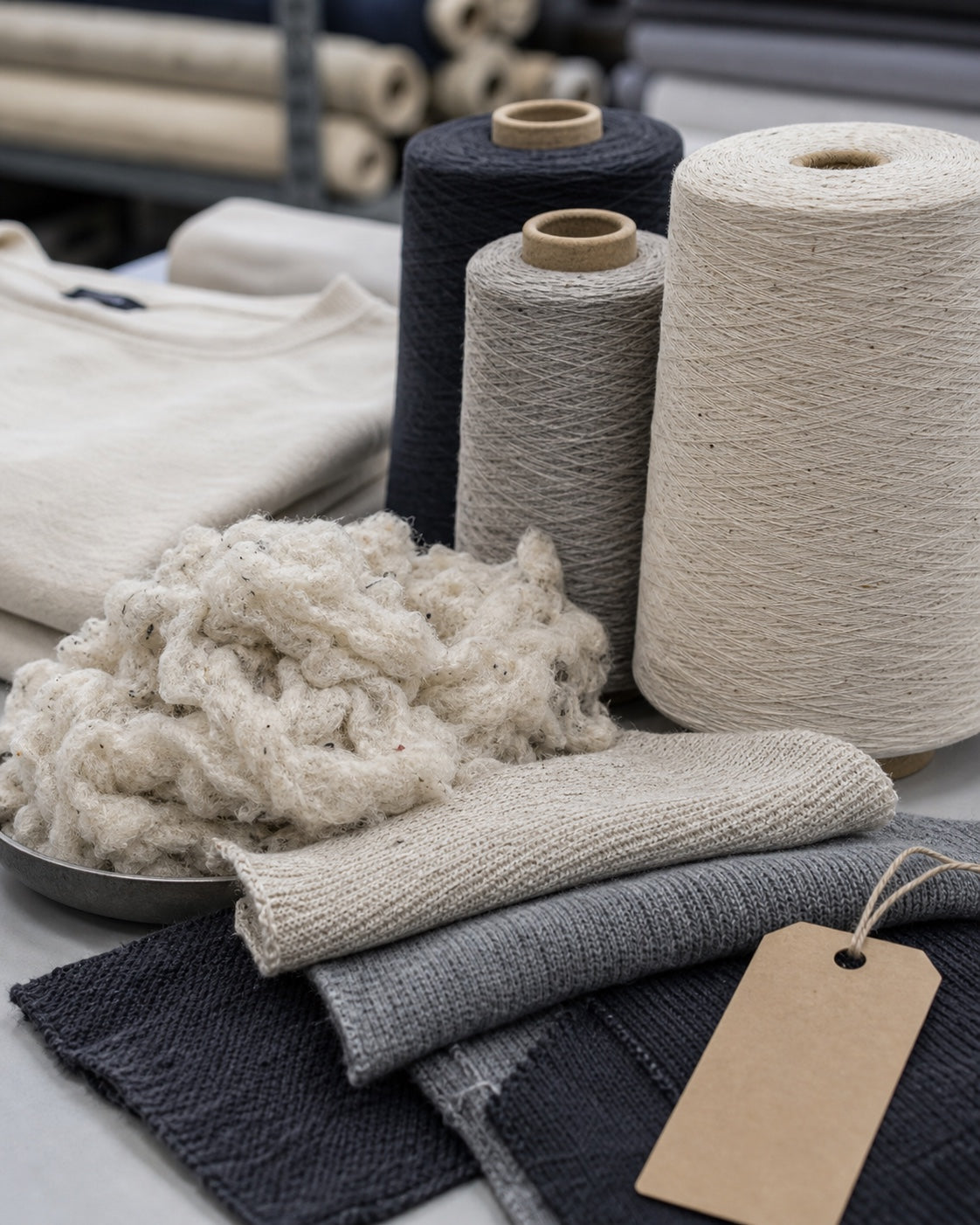 Recycled cotton fiber, yarn cones, and knitted fabric swatches arranged on a sourcing desk
