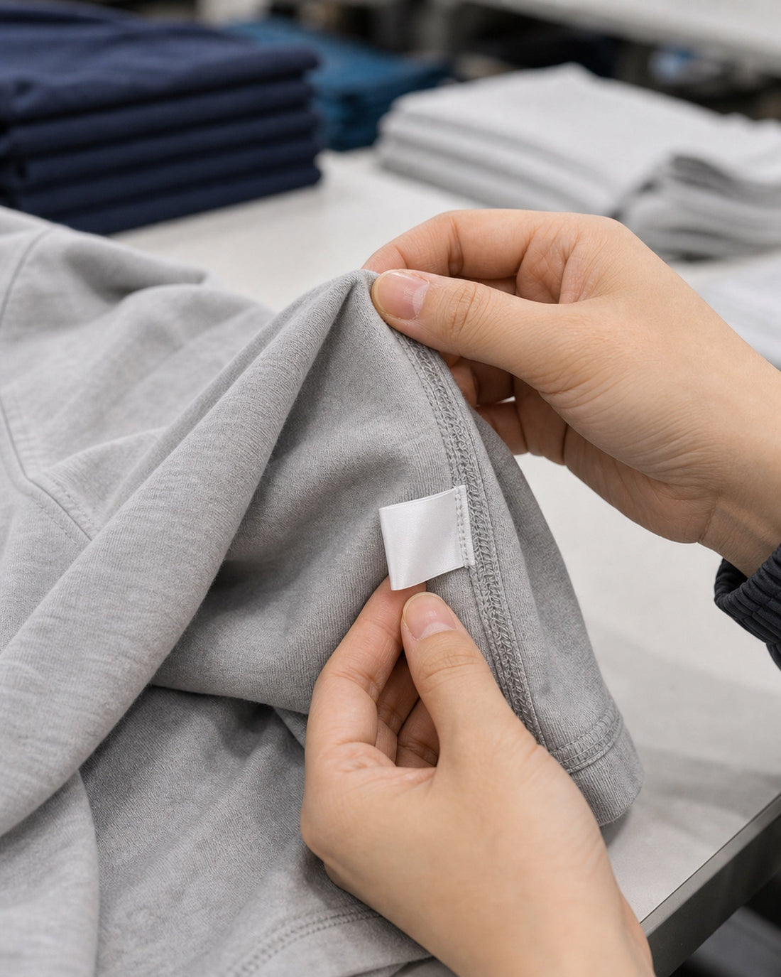 Care label checked along the side seam of a cotton T-shirt before packaging