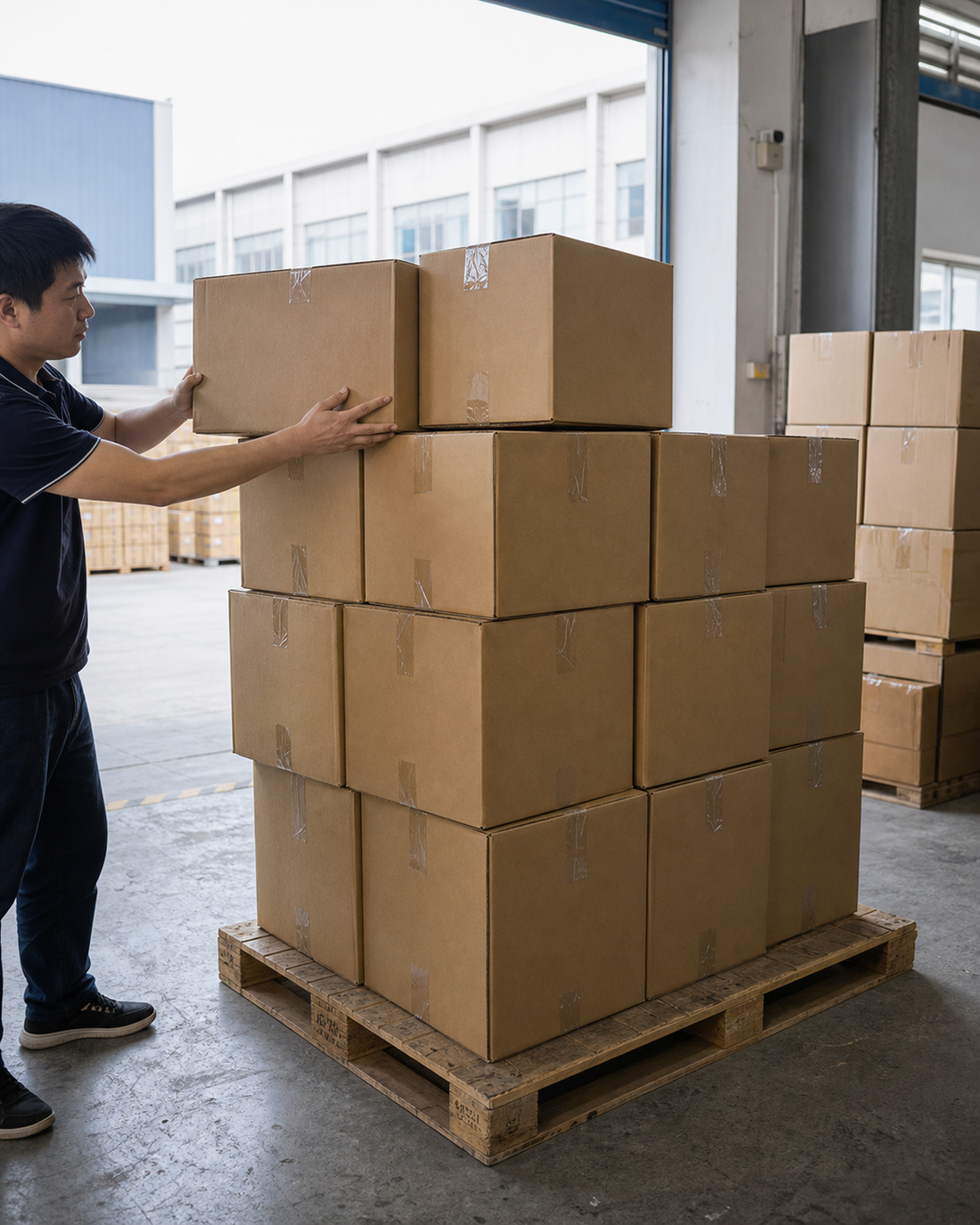 Apparel export cartons stacked on pallets in a factory loading area before customs shipment