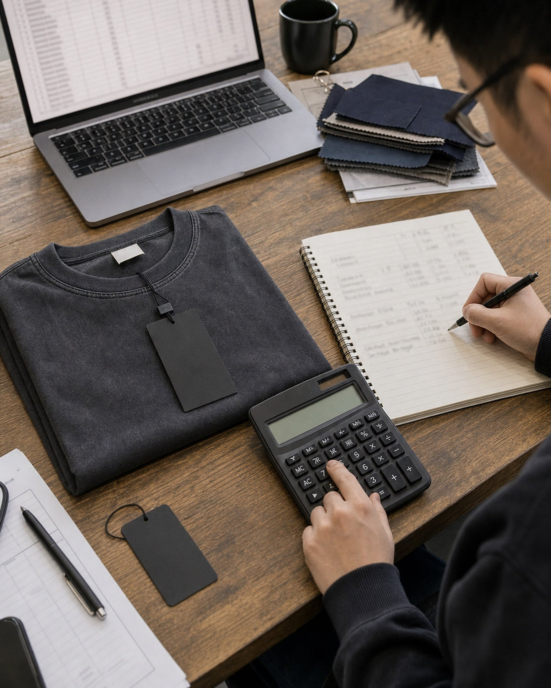 Retail margin planning desk with T-shirt cost breakdowns, calculator, and fabric swatches