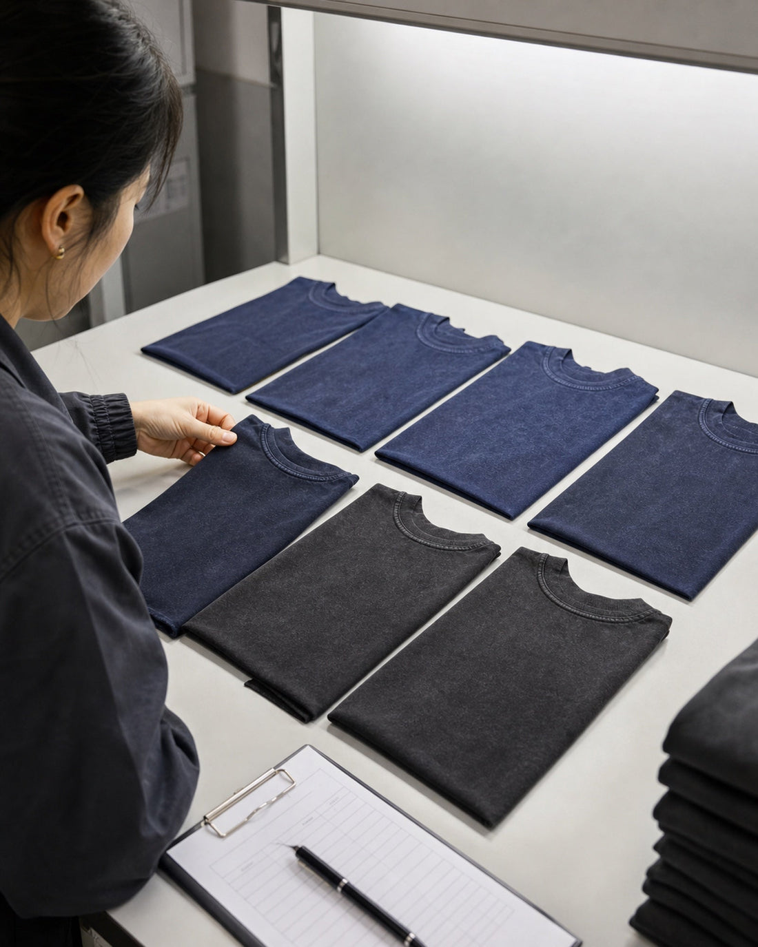 Cotton T-shirt shade consistency check comparing fabric color under factory lighting