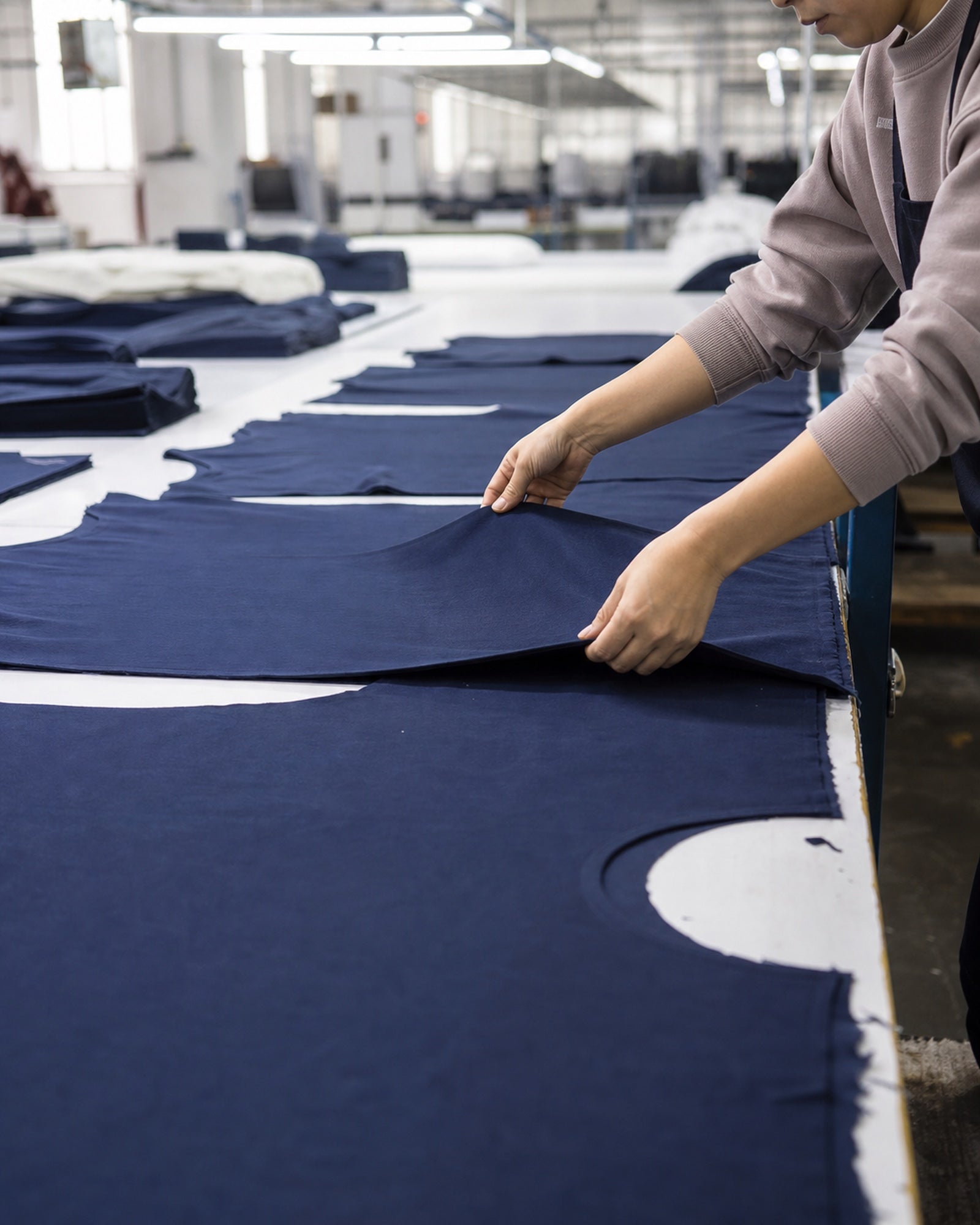 Factory worker handling cut cotton T-shirt panels before sewing and assembly