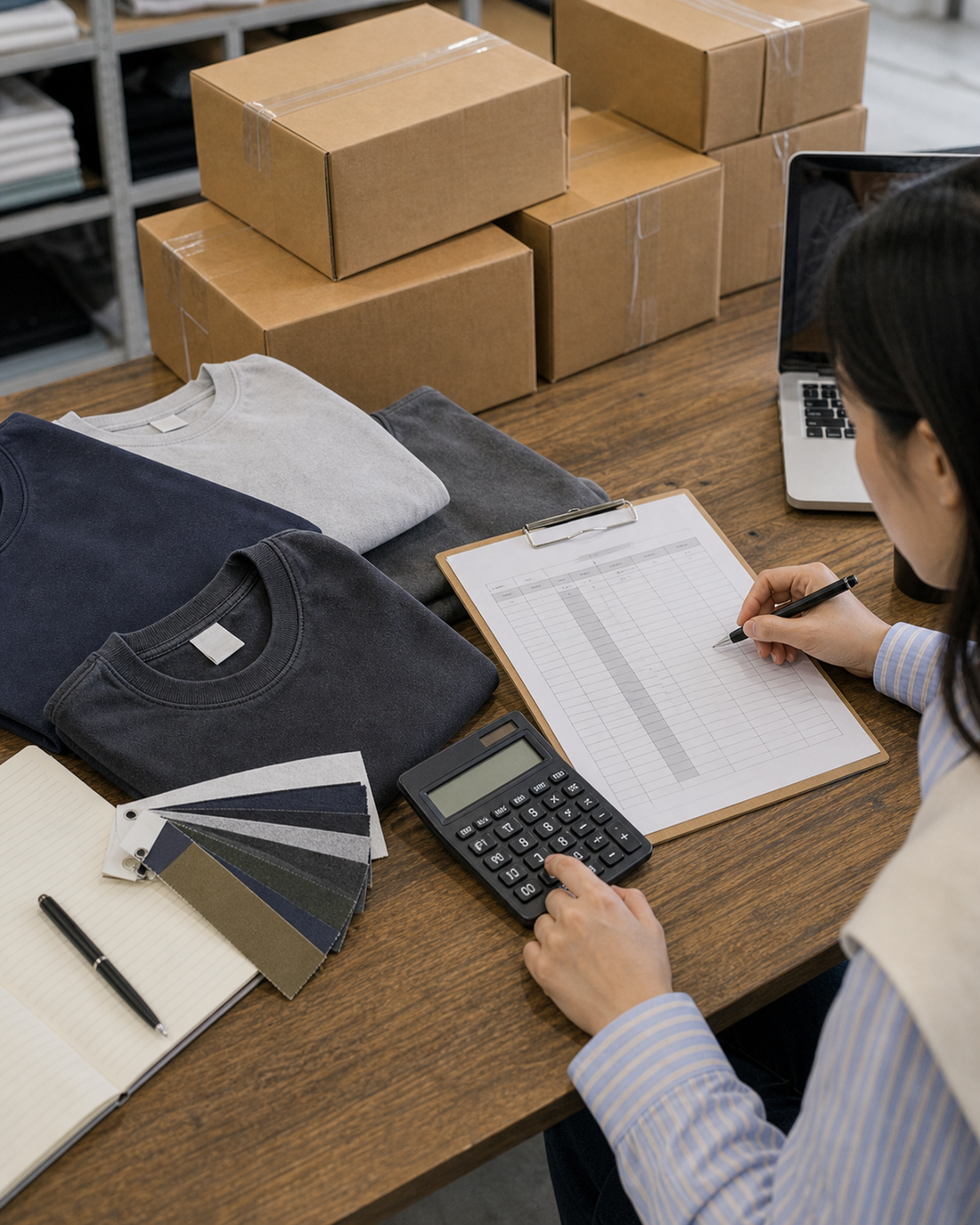 Founder calculating a blank T-shirt MOQ beside folded samples, cartons, color swatches, and an order worksheet