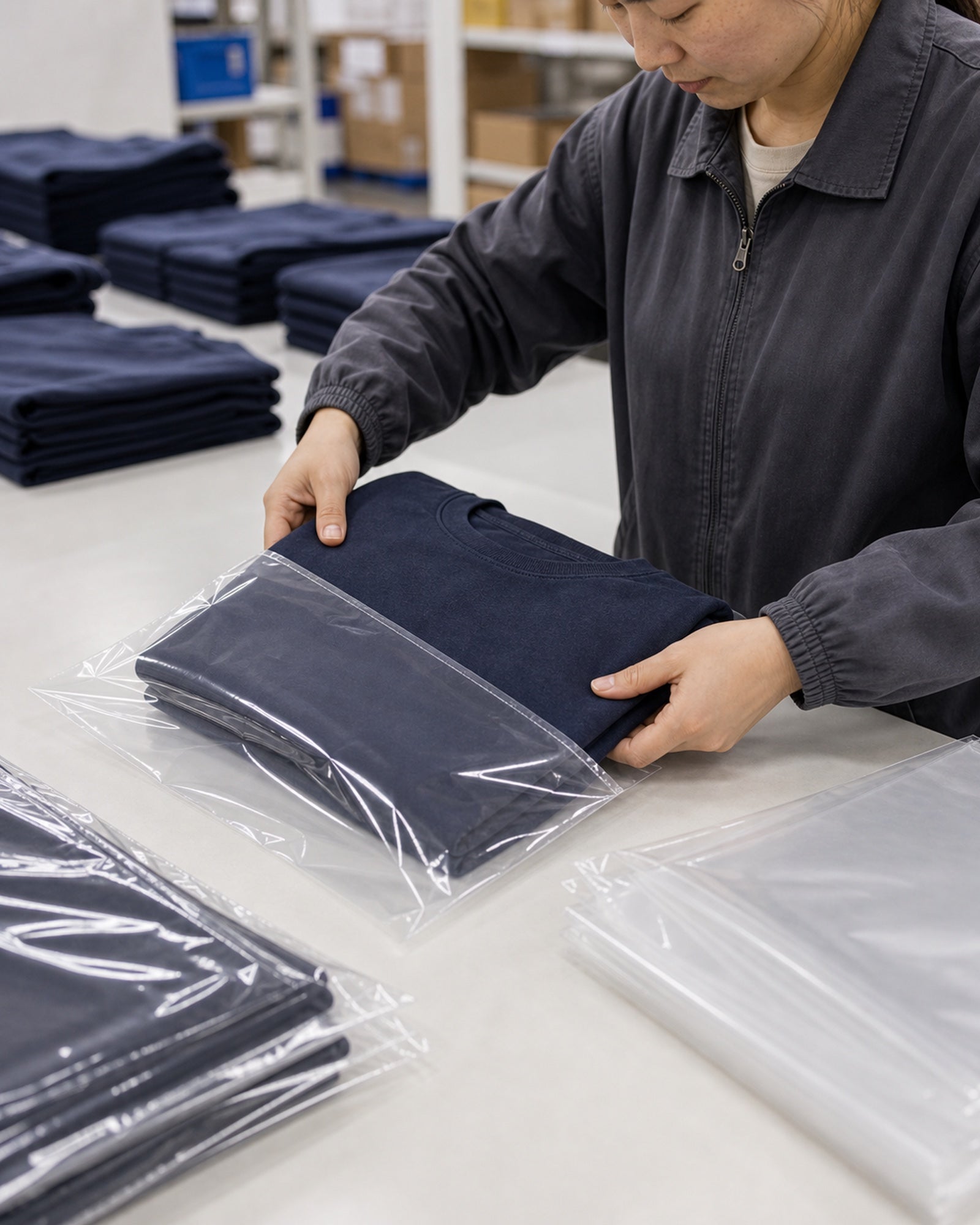 Cotton T-shirt inserted into a clear polybag during final packaging preparation