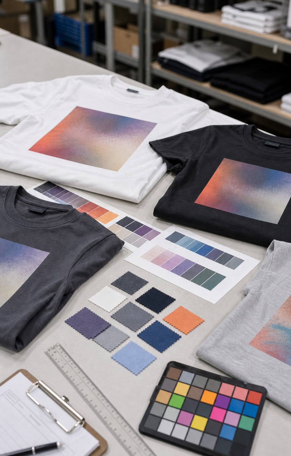 Printed T-shirt samples in white, black, gray, and washed charcoal arranged with color swatches for print approval