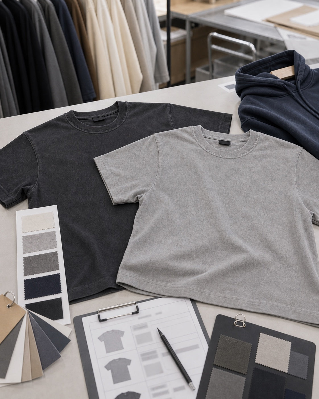 Streetwear line sheet planning table with sample cards, pricing notes, and style review materials