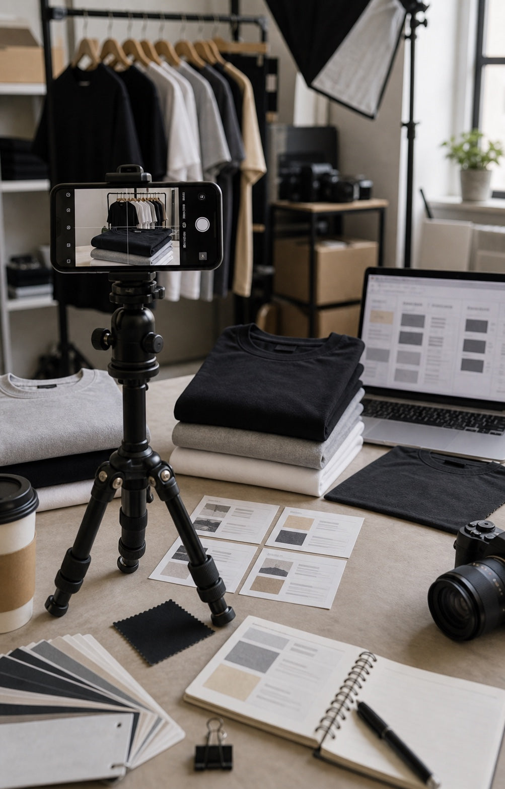 Content planning studio setup with blank T-shirts, packaging, and campaign notes