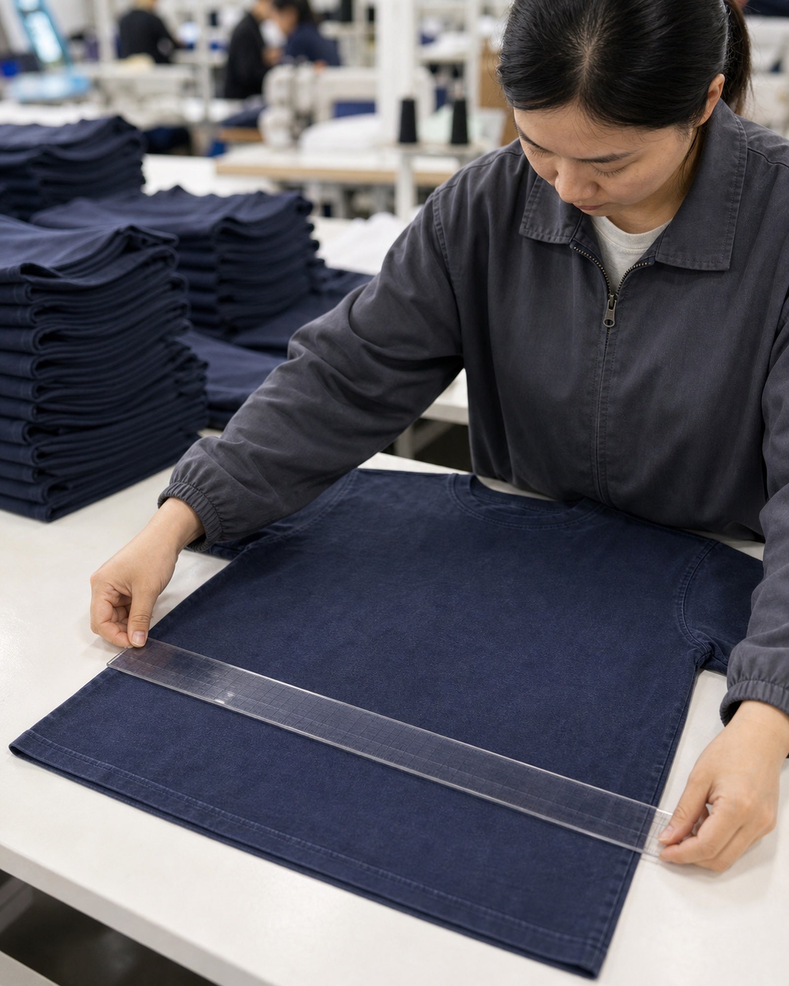 Factory quality check for hem straightness on a cotton T-shirt production sample