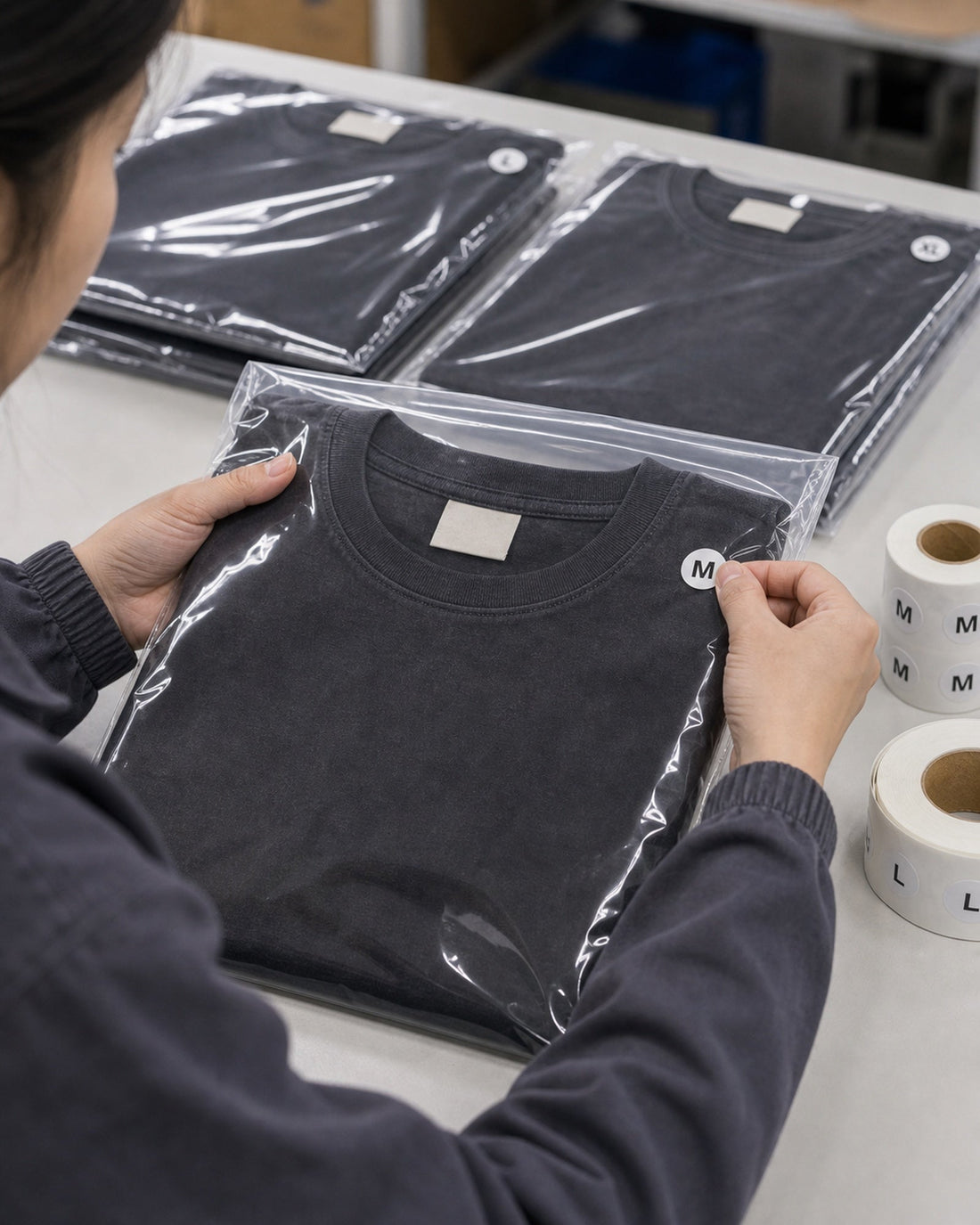 Size sticker applied to packaged cotton T-shirts for organized shipment