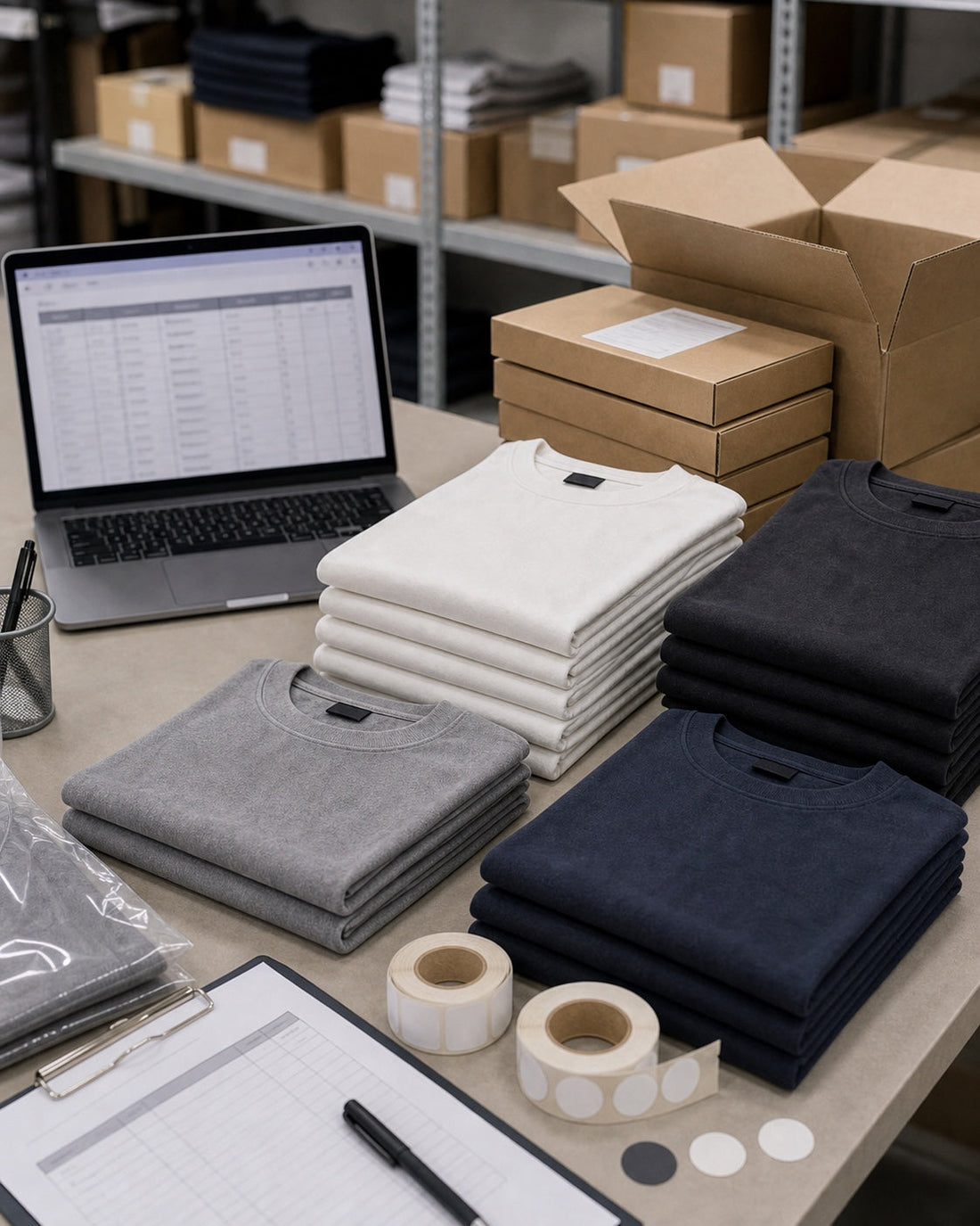 Folded blank T-shirts arranged by color and size beside an inventory sheet for wholesale buyer review