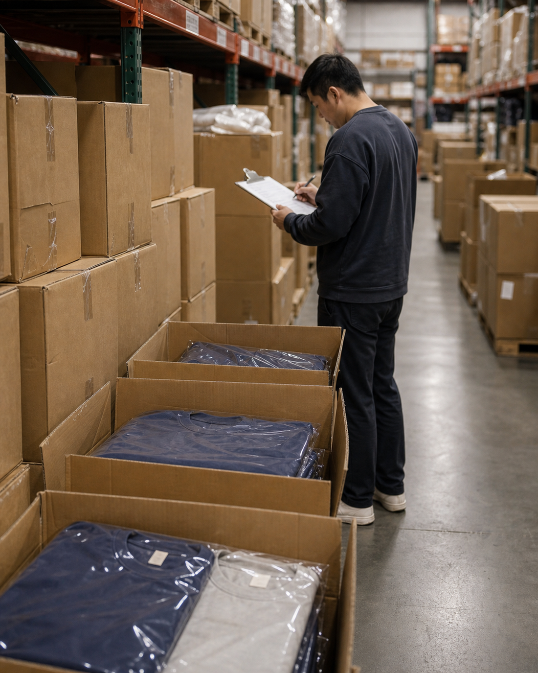 US stock vs factory production inventory review with folded blank T-shirts and a warehouse count sheet