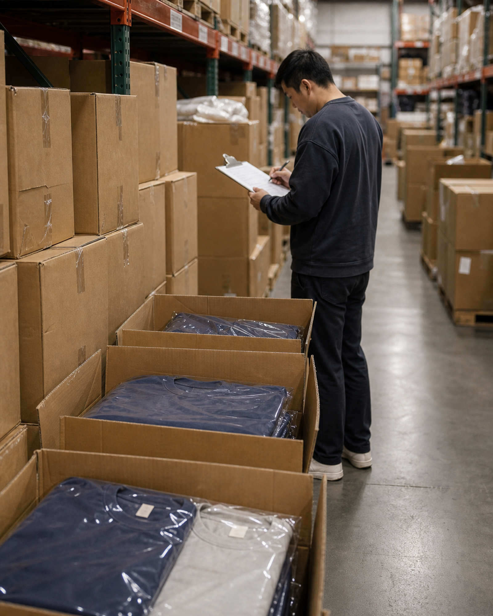 US stock vs factory production inventory review with folded blank T-shirts and a warehouse count sheet