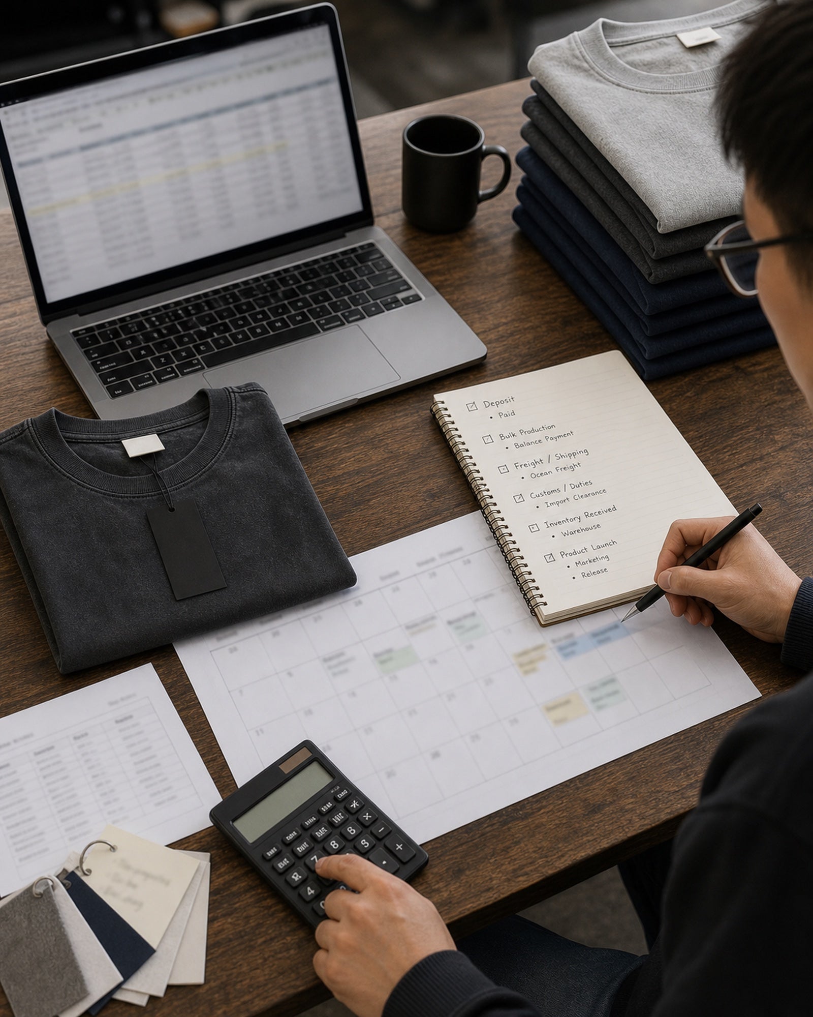 Cash flow and inventory planning workspace with folded T-shirts and cost worksheets