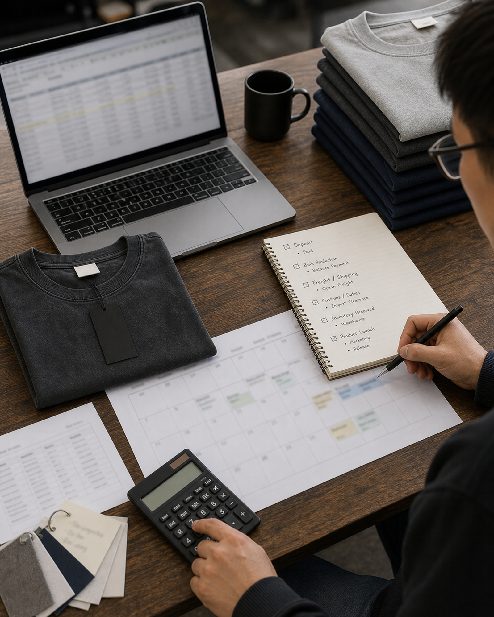 Clothing brand founder calculating blank T-shirt inventory cash flow beside folded garments