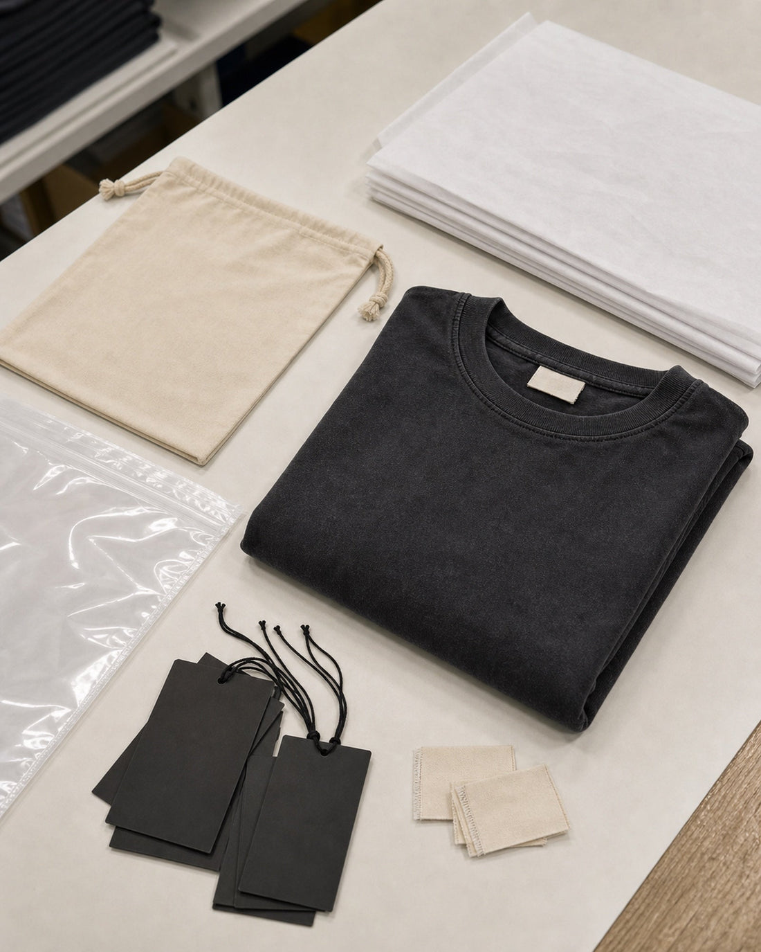 Wholesale presentation materials laid out for a blank T-shirt line sheet review