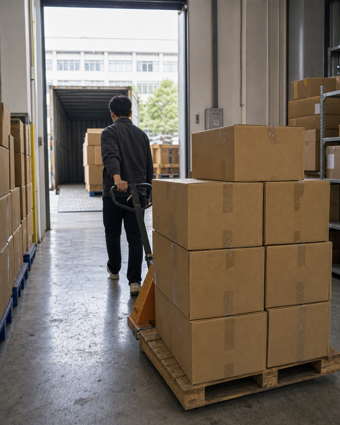 Warehouse worker moving a pallet of sealed apparel cartons toward a loading dock for international dispatch
