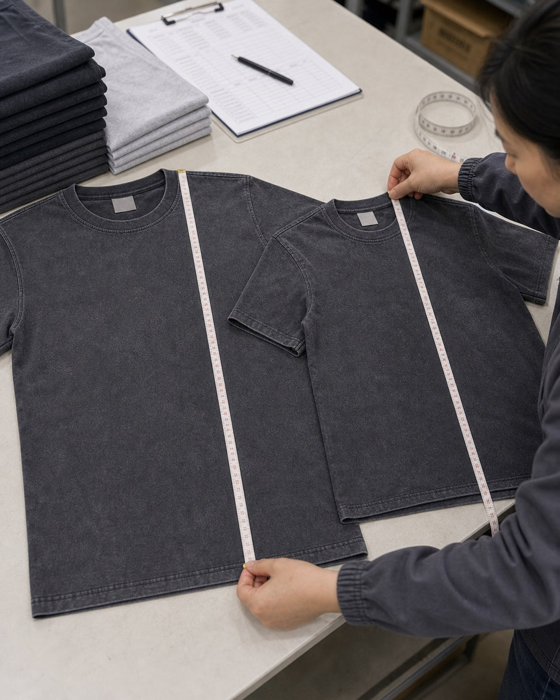 Two black vintage-washed T-shirt samples measured side by side against a size specification