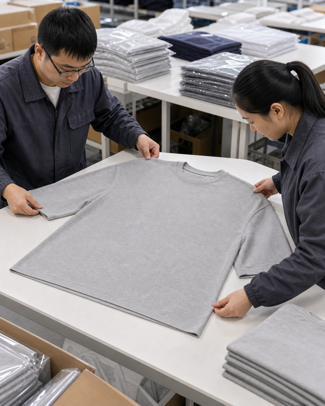 Two apparel quality inspectors checking the shade consistency of a gray vintage-washed T-shirt