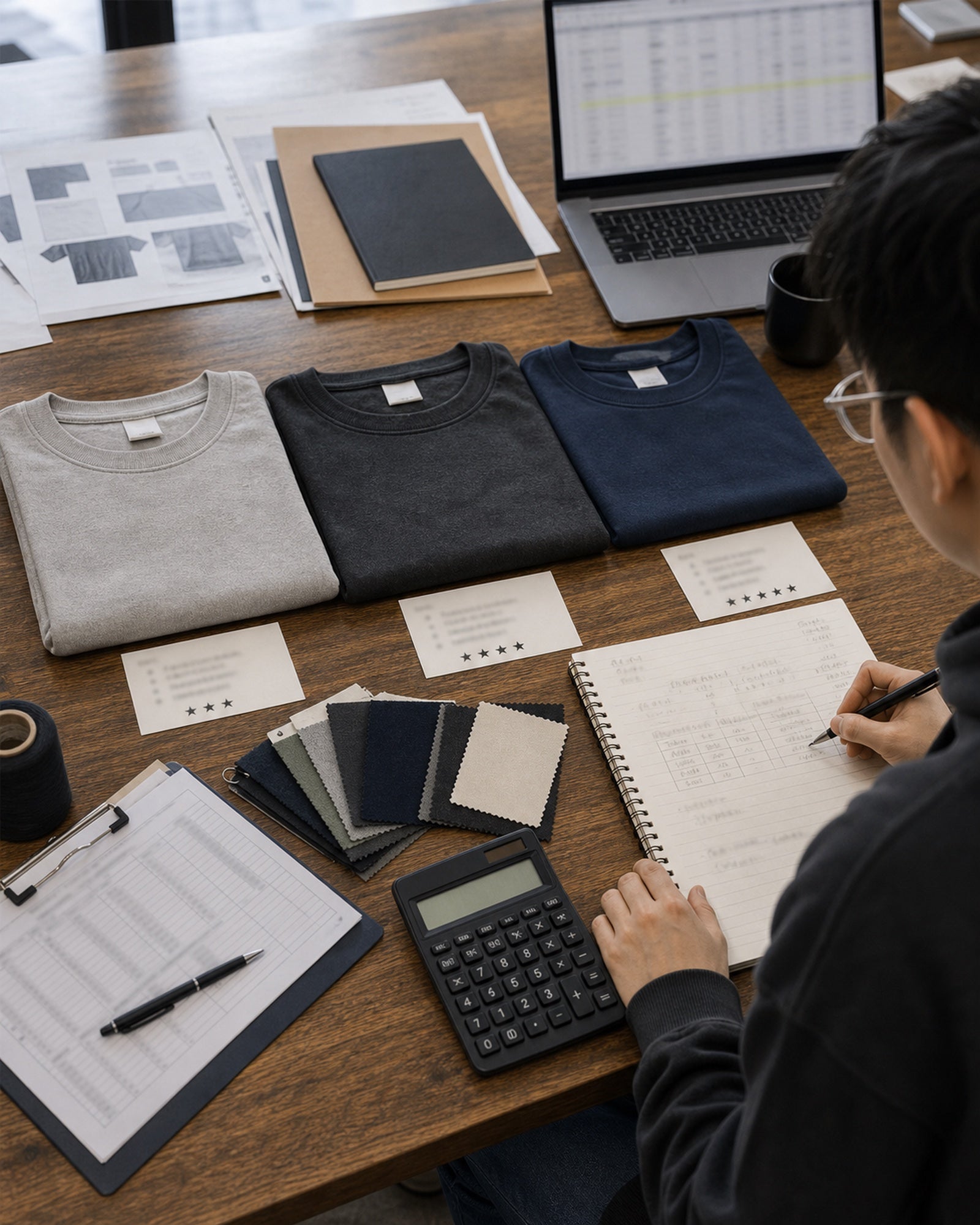 Retail pricing worksheet beside folded T-shirts prepared for a wholesale buyer presentation