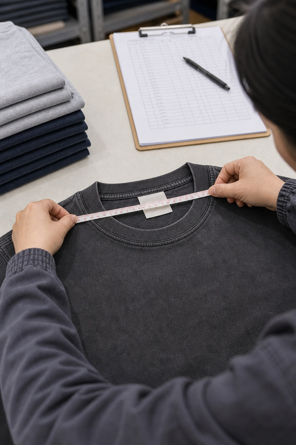 Factory technician measuring the collar width of a washed T-shirt beside a garment specification sheet