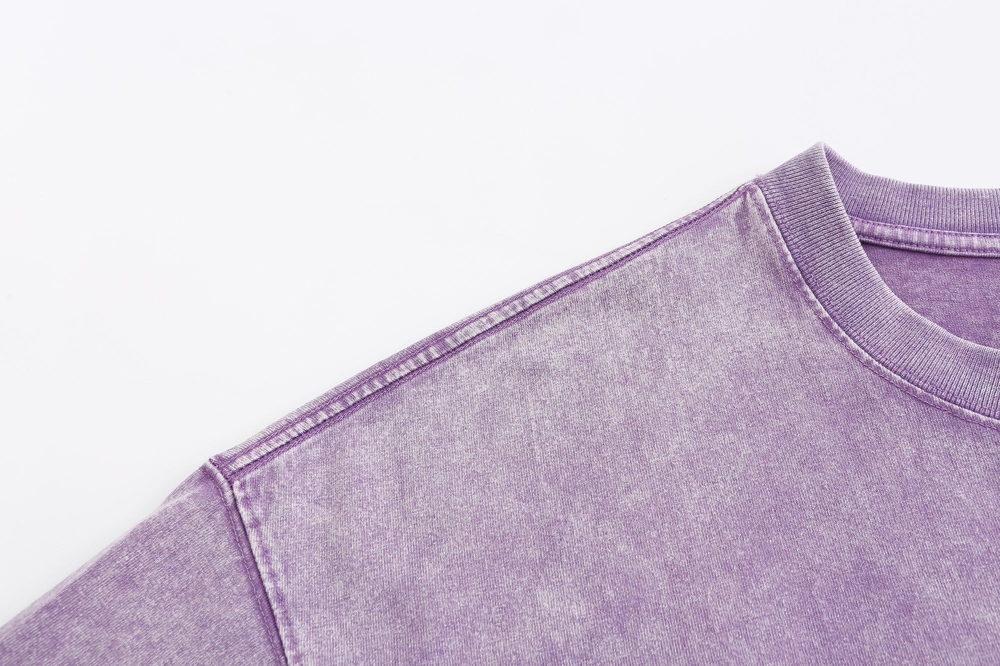230GSM Vintage Snow Washed Tee - Purple Fabric, Stitching and Construction - Detail View