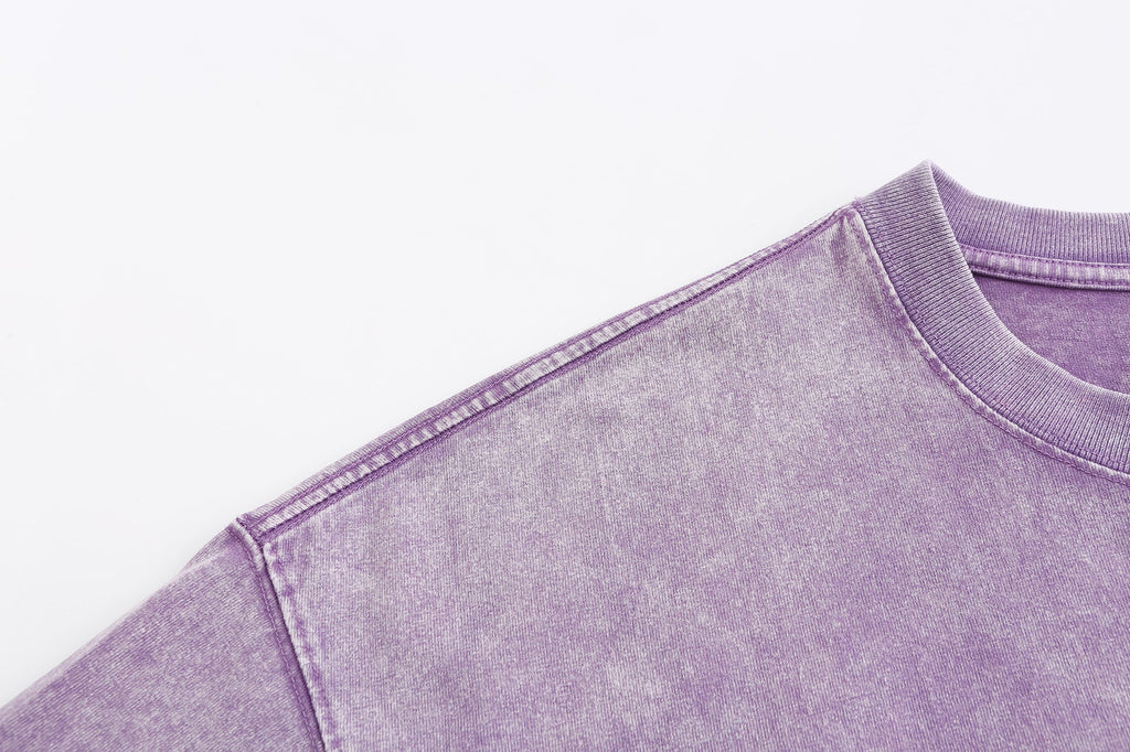 200GSM Vintage Snow Washed Tee - Purple Fabric, Stitching and Construction - Detail View
